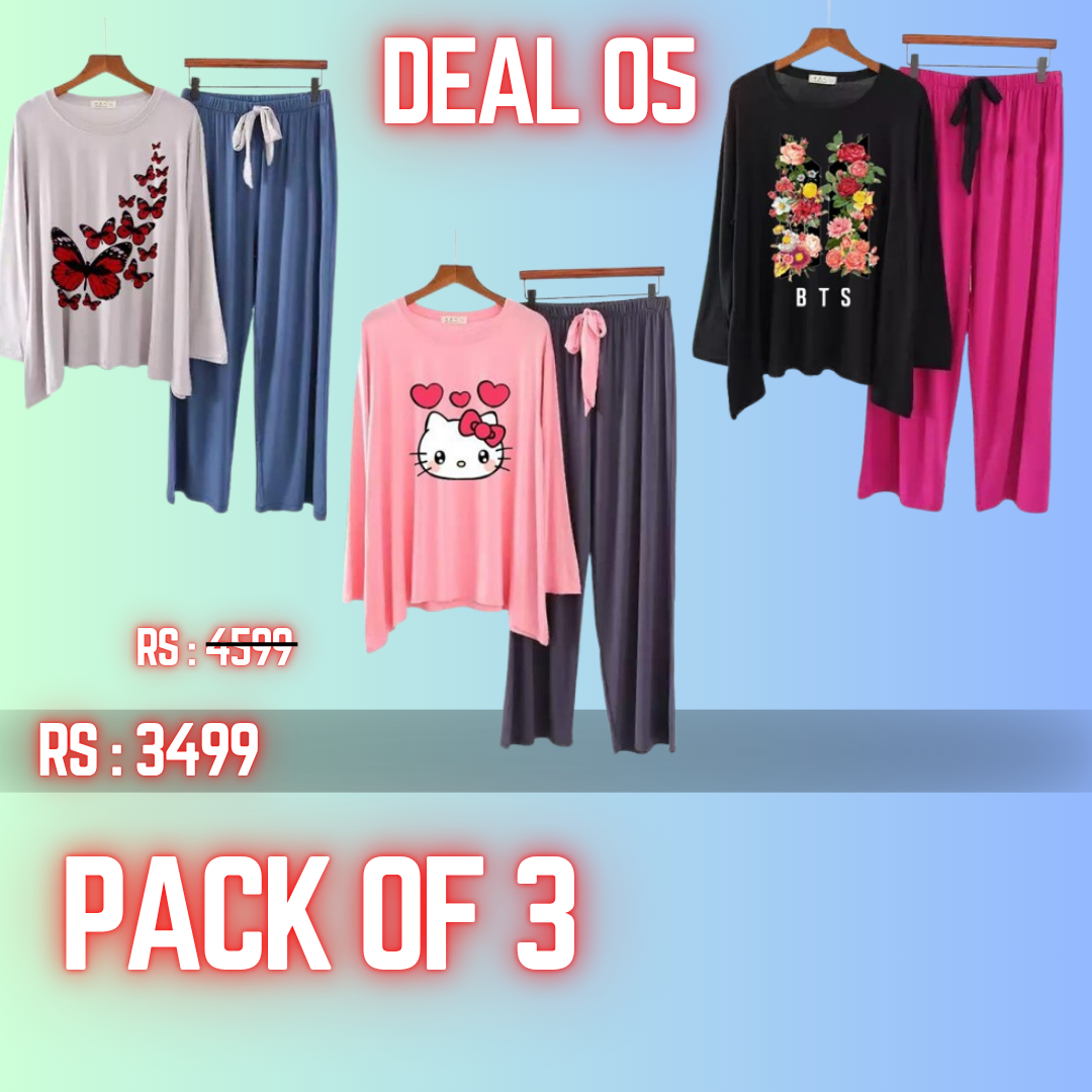 Deal 05 Pack Of 03 Ladies Printed Loungewear