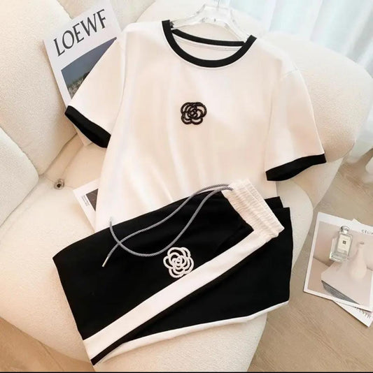 White & Black Contrast Printed Tracksuit