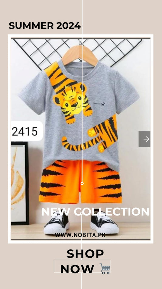 Tiger print Printed Half Sleeves Round Neck T shirt With Printed Shorts