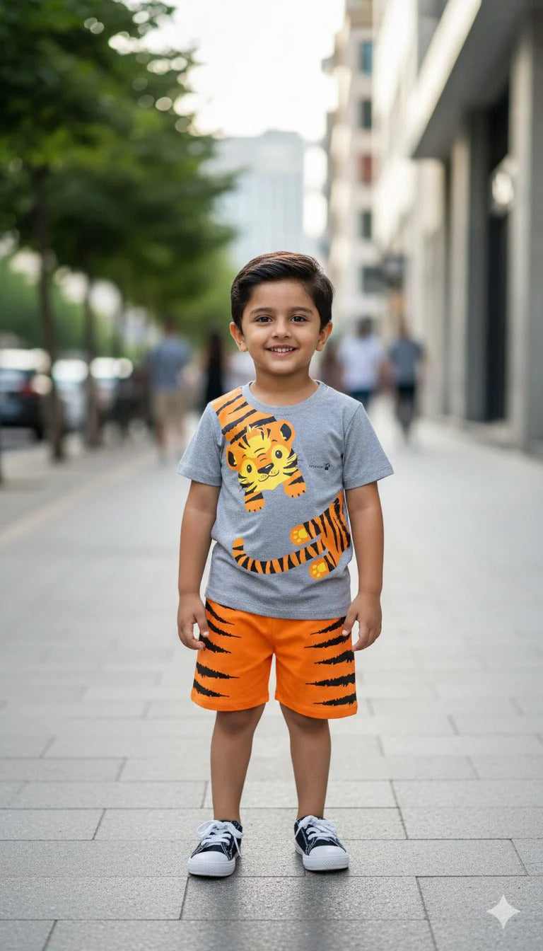 Tiger print Printed Half Sleeves Round Neck T shirt With Printed Shorts