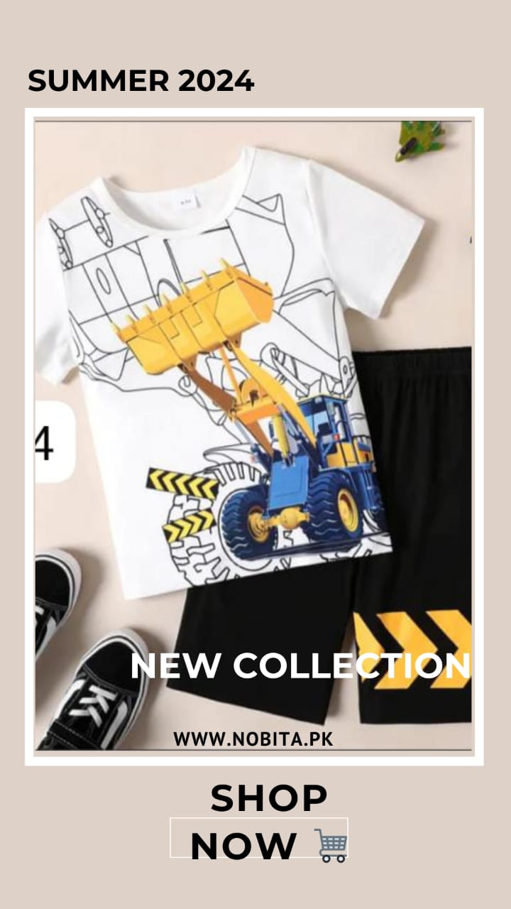 Excavator print  Short-sleeve Tee and Black Shorts Set