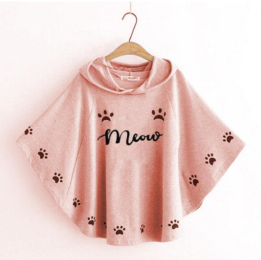 Meow Printed Hodded Poncho