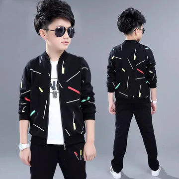 Kids Black Printed Zipper with Warm Black Trouser