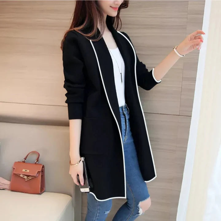 Black Front Open Long Coat Dual Pockets Jacket