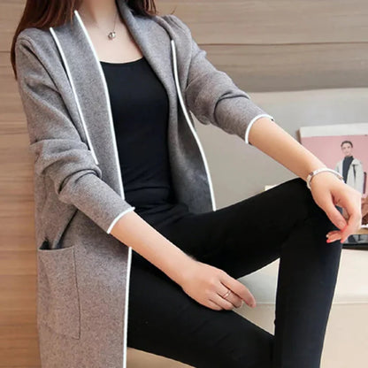 Grey Front Open Long Coat Dual Pockets Jacket