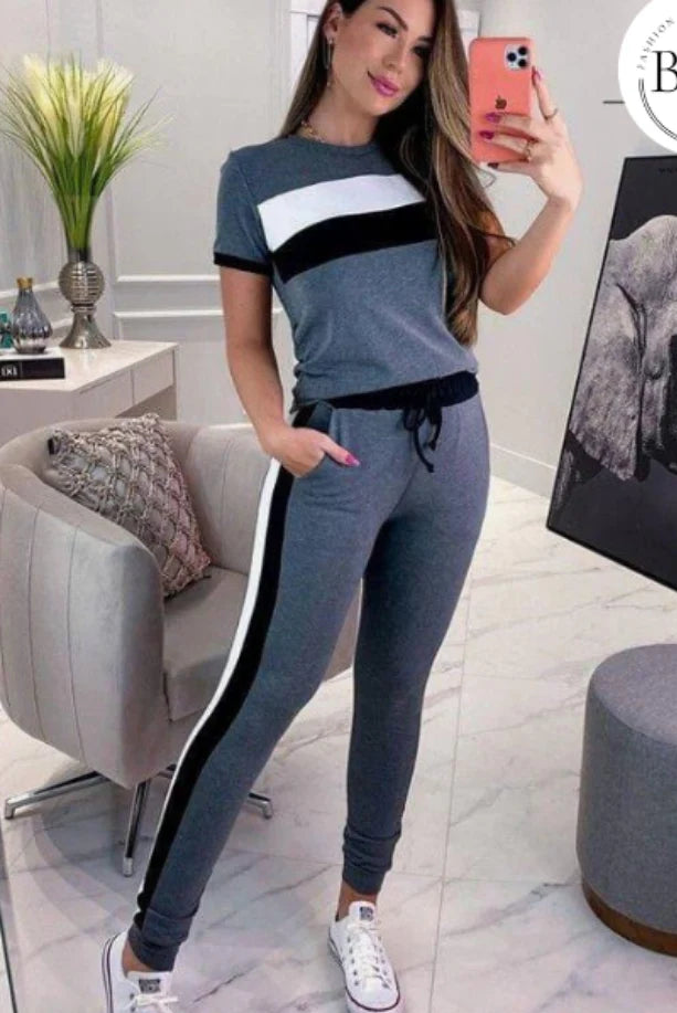 Dark Blue White Grey Stripe Tracksuit for Women