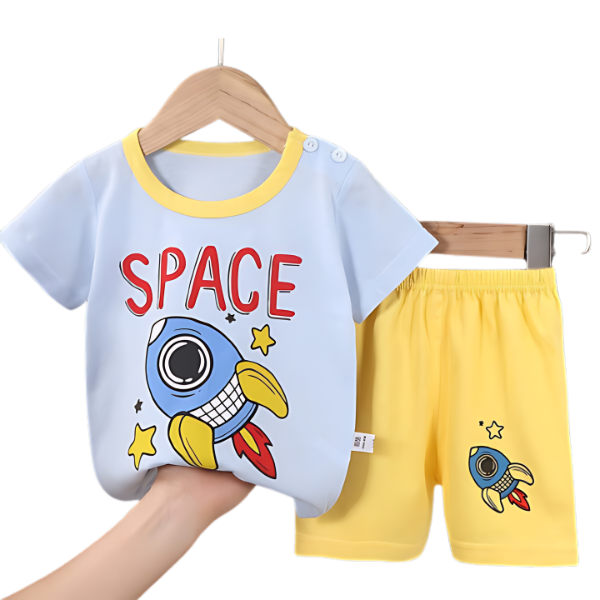 Sky Blue Rocket Printed Kids Short Sleeve Kids Wear