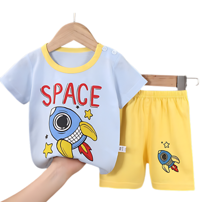 Sky Blue Rocket Printed Kids Short Sleeve Kids Wear