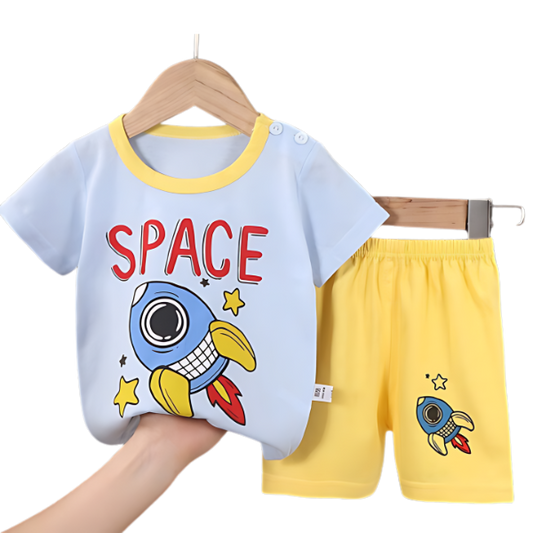 Sky Blue Rocket Printed Kids Short Sleeve Kids Wear