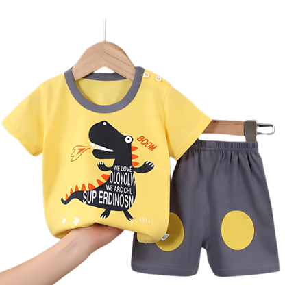 Yellow Boom Dino Printed Kids Short Sleeve Kids Wear