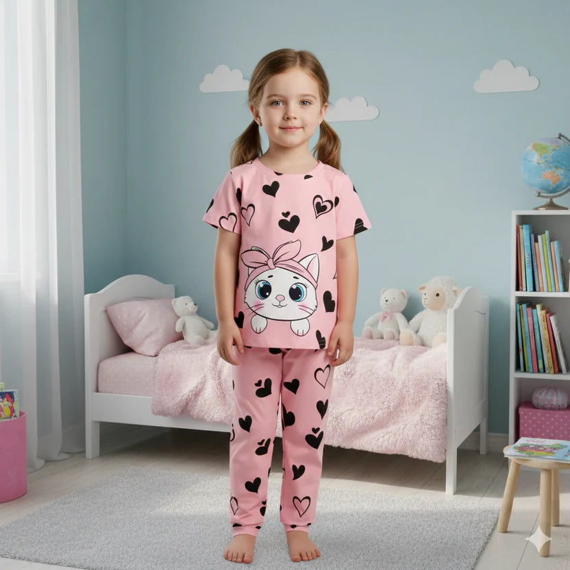 Pink Kitty Printed Kids Wear