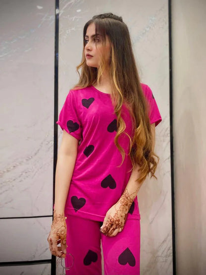 Pink Black Hearts Printed PJ Night suit Full