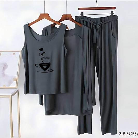 Grey Black I love Coffee Women Night Suit PJ 3 Pieces Set