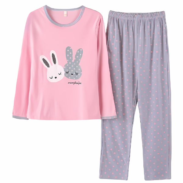 Pink and Grey Rabbit Print PJ Set Sleep Wear