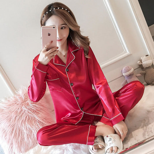 Red Silk Night Suit Turn Down Collar Long Sleeves - AL TAQWA