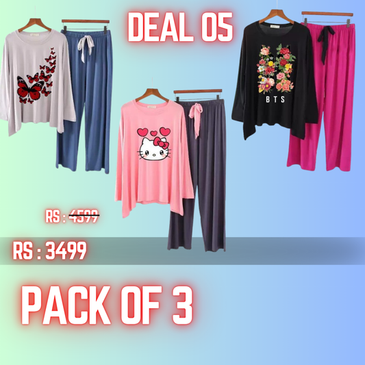 Deal 05 Pack Of 03 Ladies Printed Loungewear