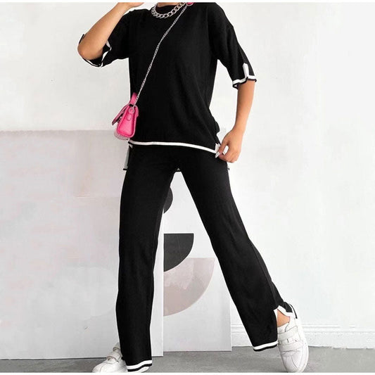 Black Slit Short Sleeve T-shirts and High Waist Wide Leg Pants - AL TAQWA