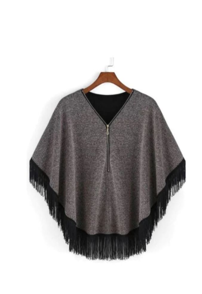 Grey women Zipper Cape Poncho