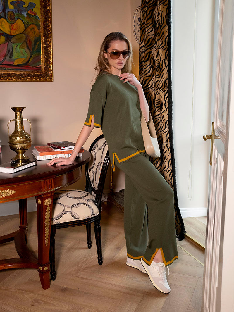 Bottle Green Slit Short Sleeve T-shirts and High Waist Wide Leg Pants - AL TAQWA