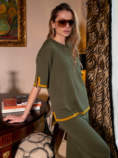 Bottle Green Slit Short Sleeve T-shirts and High Waist Wide Leg Pants - AL TAQWA