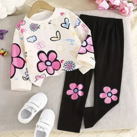 Flower Pink Heart Printed Girls Sweatshirt Set