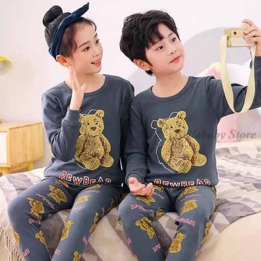 Dark Grey Teddy Bear Cartoon Printed Kids Wear - AL TAQWA