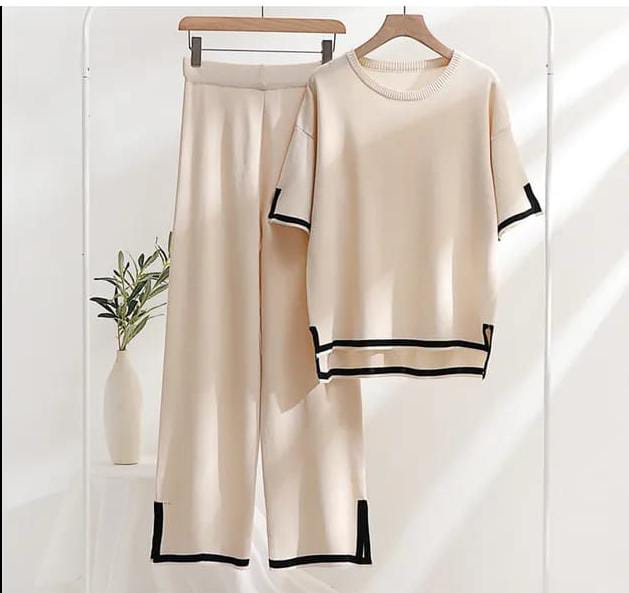 Cream & black Slit Short Sleeve T-shirts and High Waist Wide Leg Pants - AL TAQWA