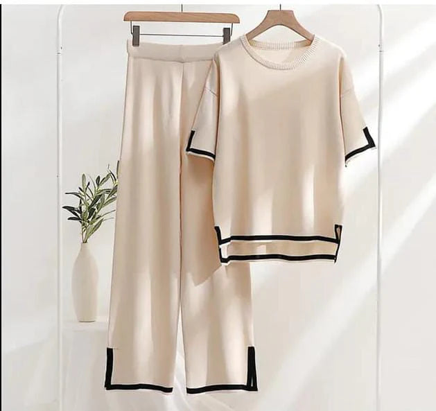 Slit Short Sleeve T-shirts and High Waist Wide Leg Pants