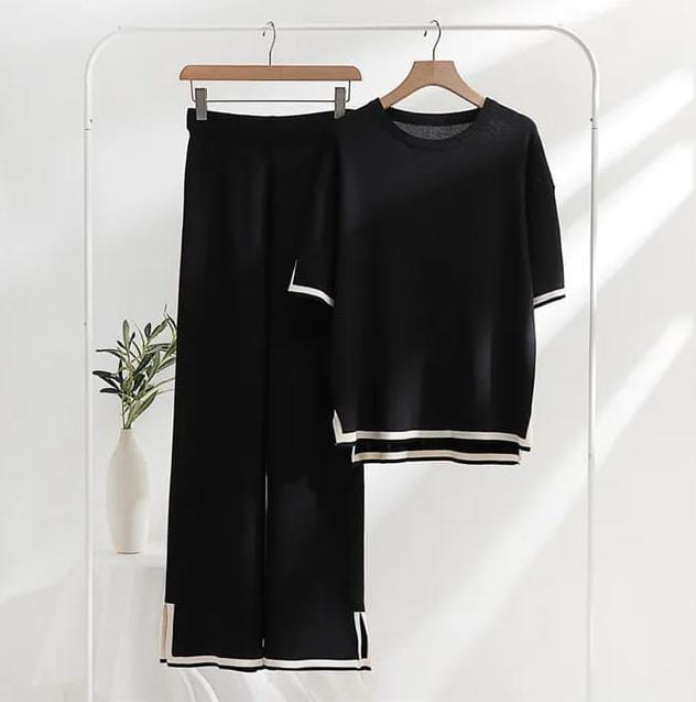 Black Slit Short Sleeve T-shirts and High Waist Wide Leg Pants - AL TAQWA