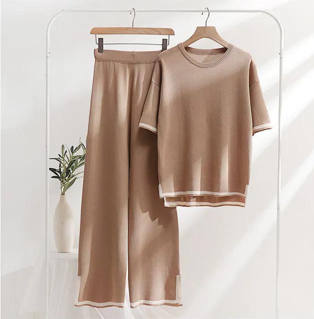 Coffee Brown Slit Short Sleeve T-shirts and High Waist Wide Leg Pants - AL TAQWA