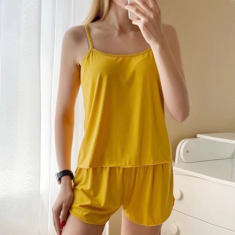 Yellow Women Sexy Satin Pajamas Sets Short Sling Top with Cami Shorts - AL TAQWA