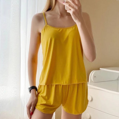 Yellow Women Sexy Satin Pajamas Sets Short Sling Top with Cami Shorts - AL TAQWA