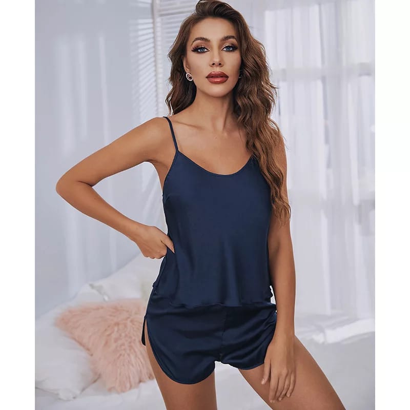 Navy Blue Women Sexy Satin Pajamas Sets Short Sling Top with Cami Shorts - AL TAQWA