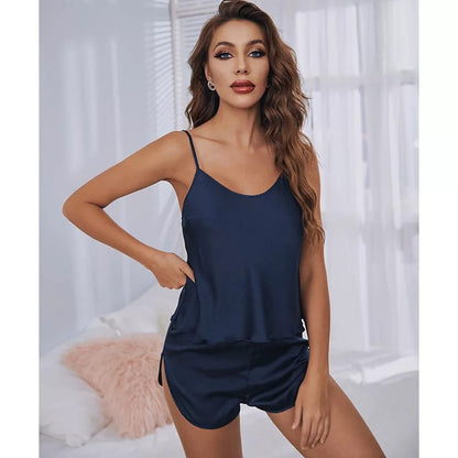 Navy Blue Women Sexy Satin Pajamas Sets Short Sling Top with Cami Shorts - AL TAQWA