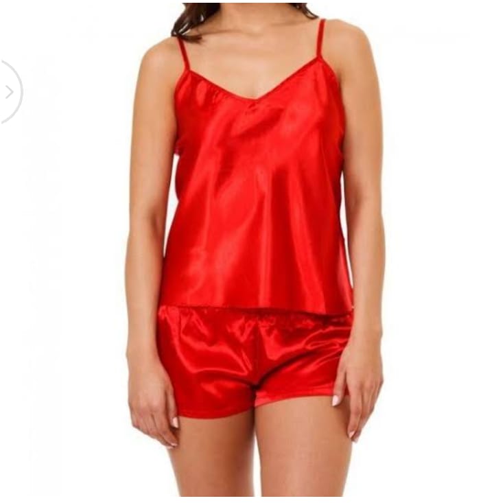 Red Women Sexy Satin Pajamas Sets Short Sling Top with Cami Shorts - AL TAQWA