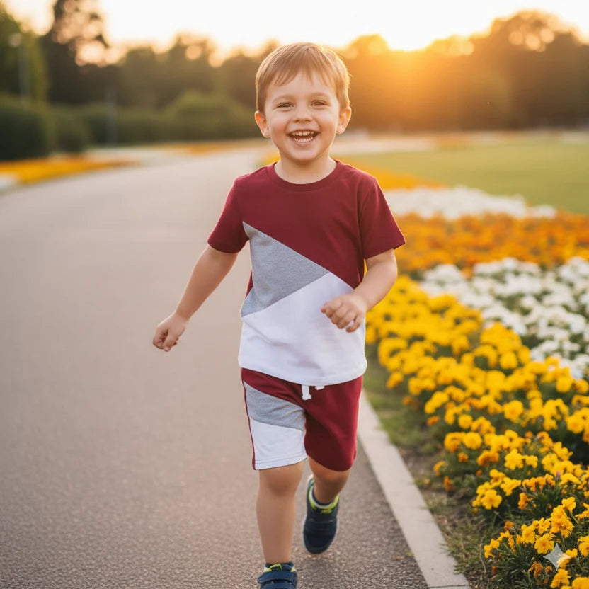 Mahroon Panel Short Sleeve Kids Wear