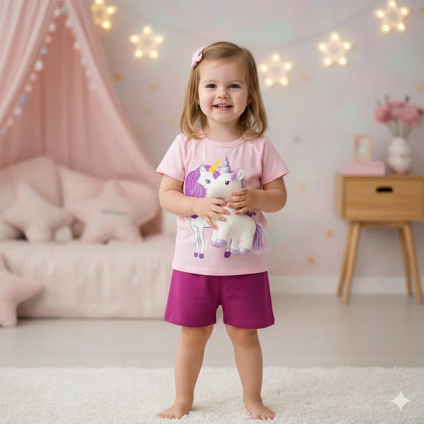 Pink Unicorn Printed Kids Short Sleeve Kids Wear