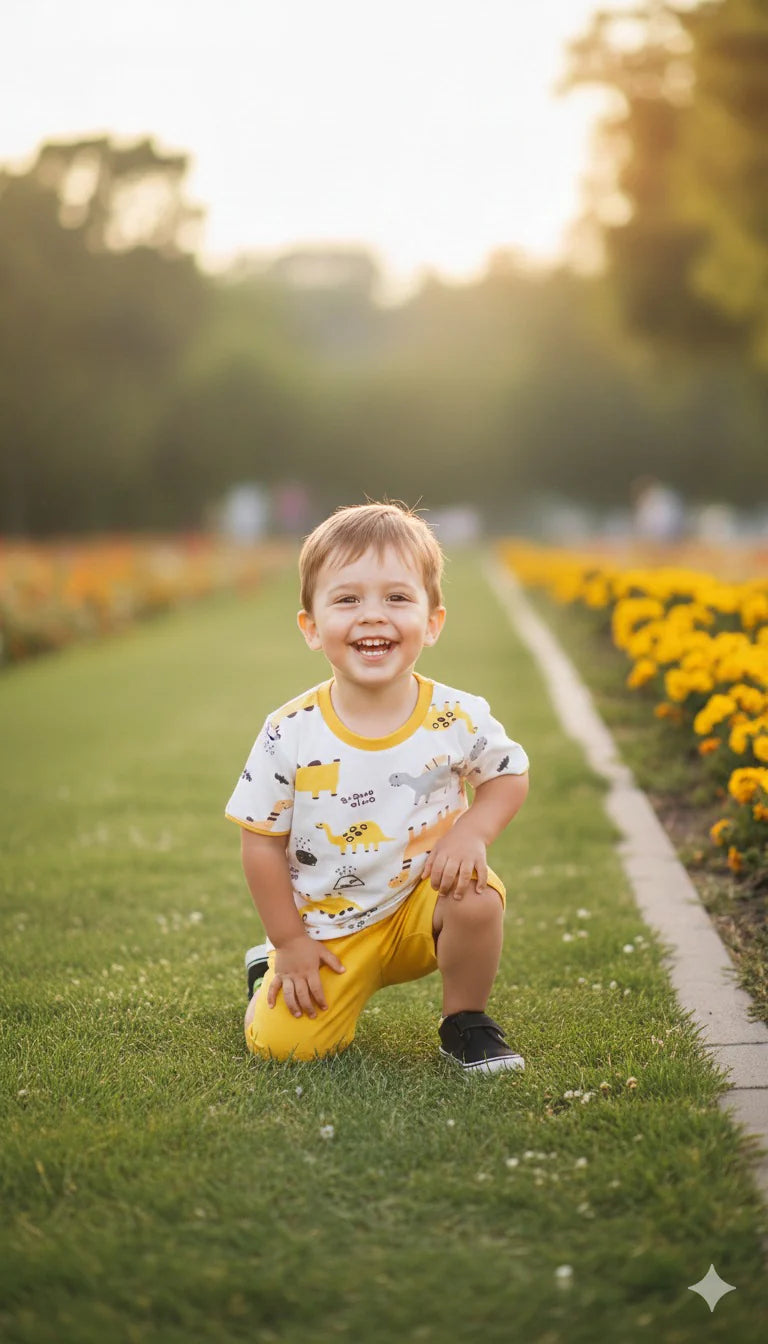 Mustard White Dino Printed Half Sleeves Round Neck T shirt With Printed Shorts