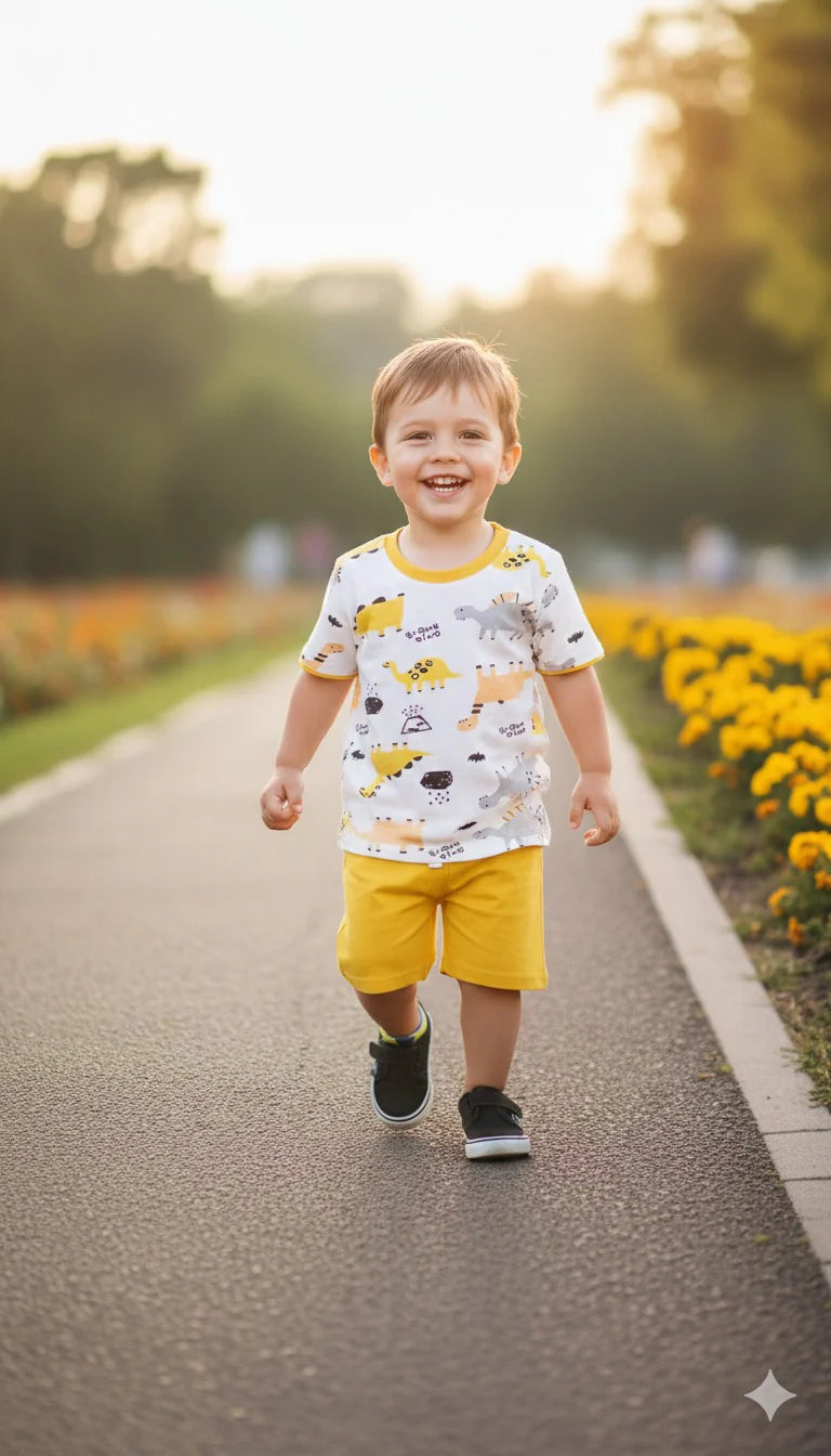 Mustard White Dino Printed Half Sleeves Round Neck T shirt With Printed Shorts