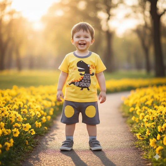 Yellow Boom Dino Printed Kids Short Sleeve Kids Wear