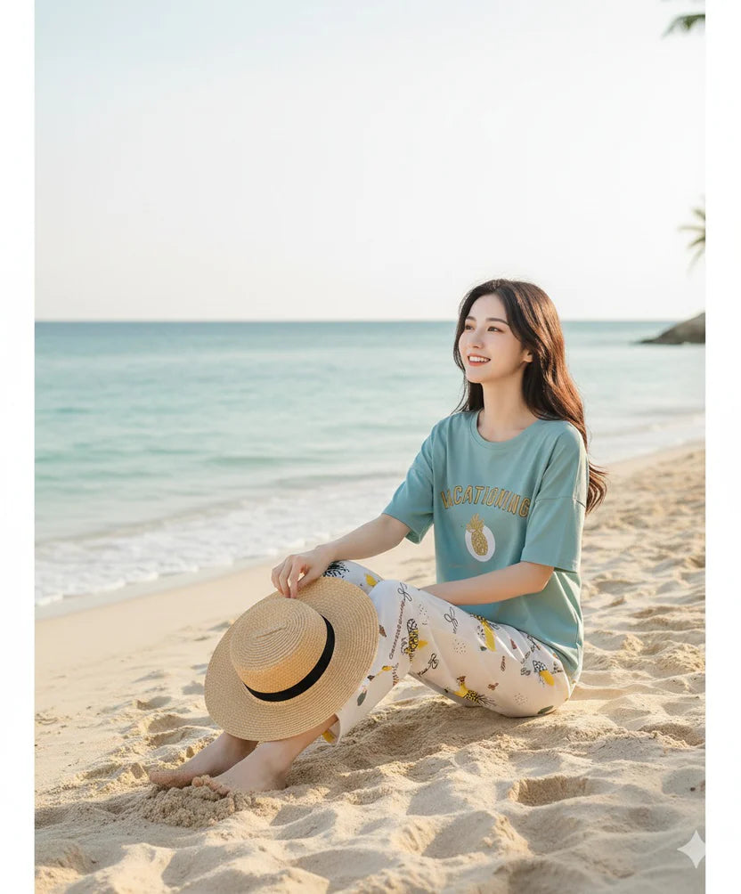 Sea Green Shirt & white printed trouser Woman Print PJ Set