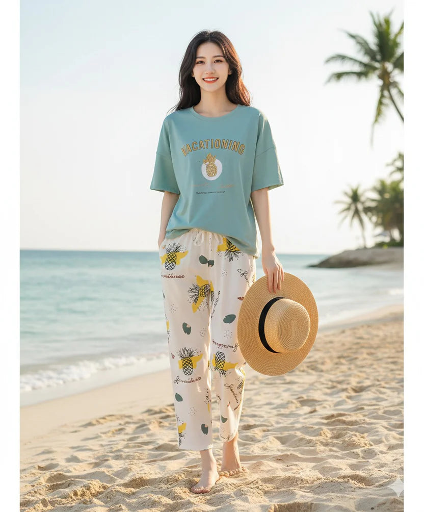 Sea Green Shirt & white printed trouser Woman Print PJ Set
