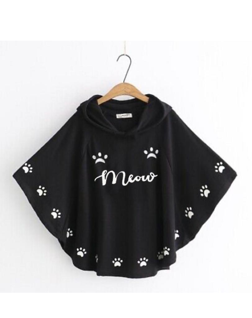 Meow Printed Hodded Poncho