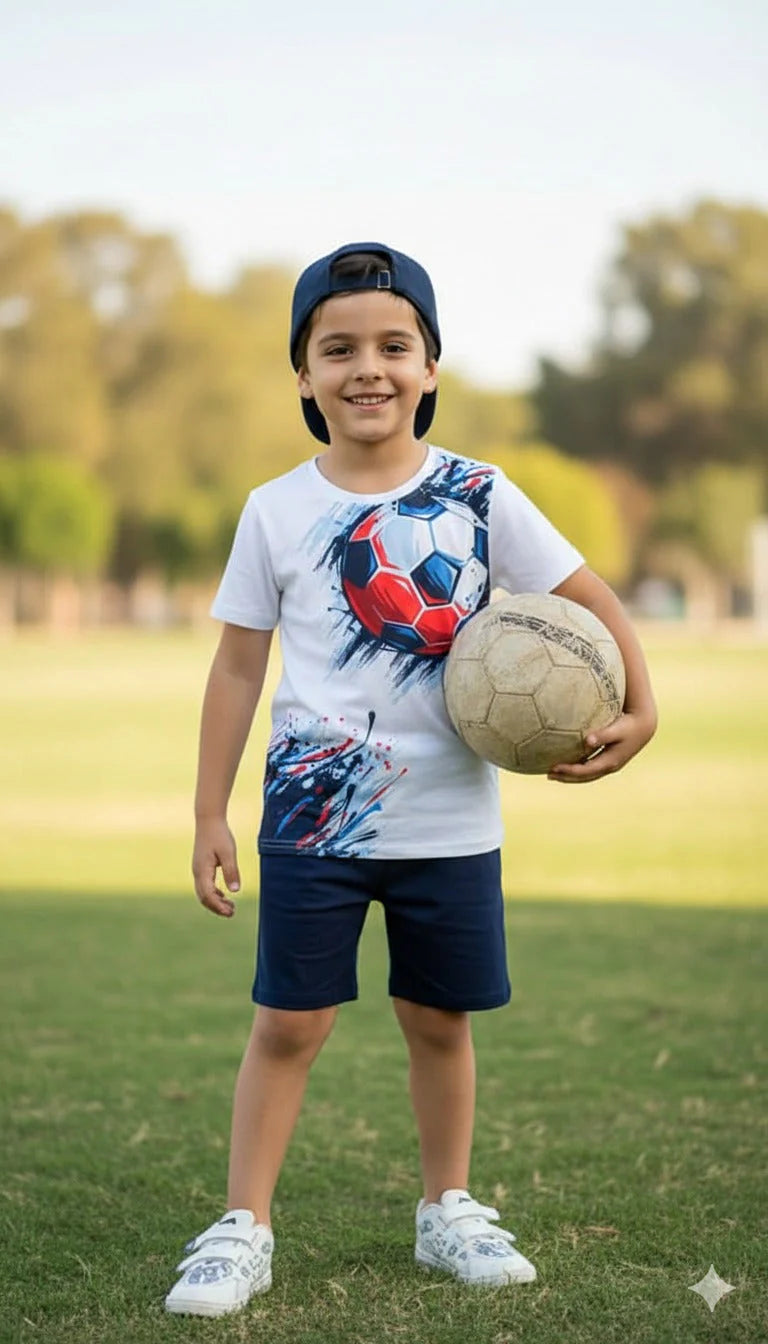 Balls Print Short-sleeve Tee and Dark Blue Shorts Set