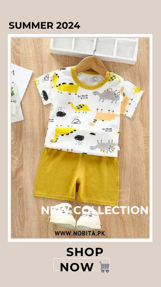 Mustard White Dino Printed Half Sleeves Round Neck T shirt With Printed Shorts